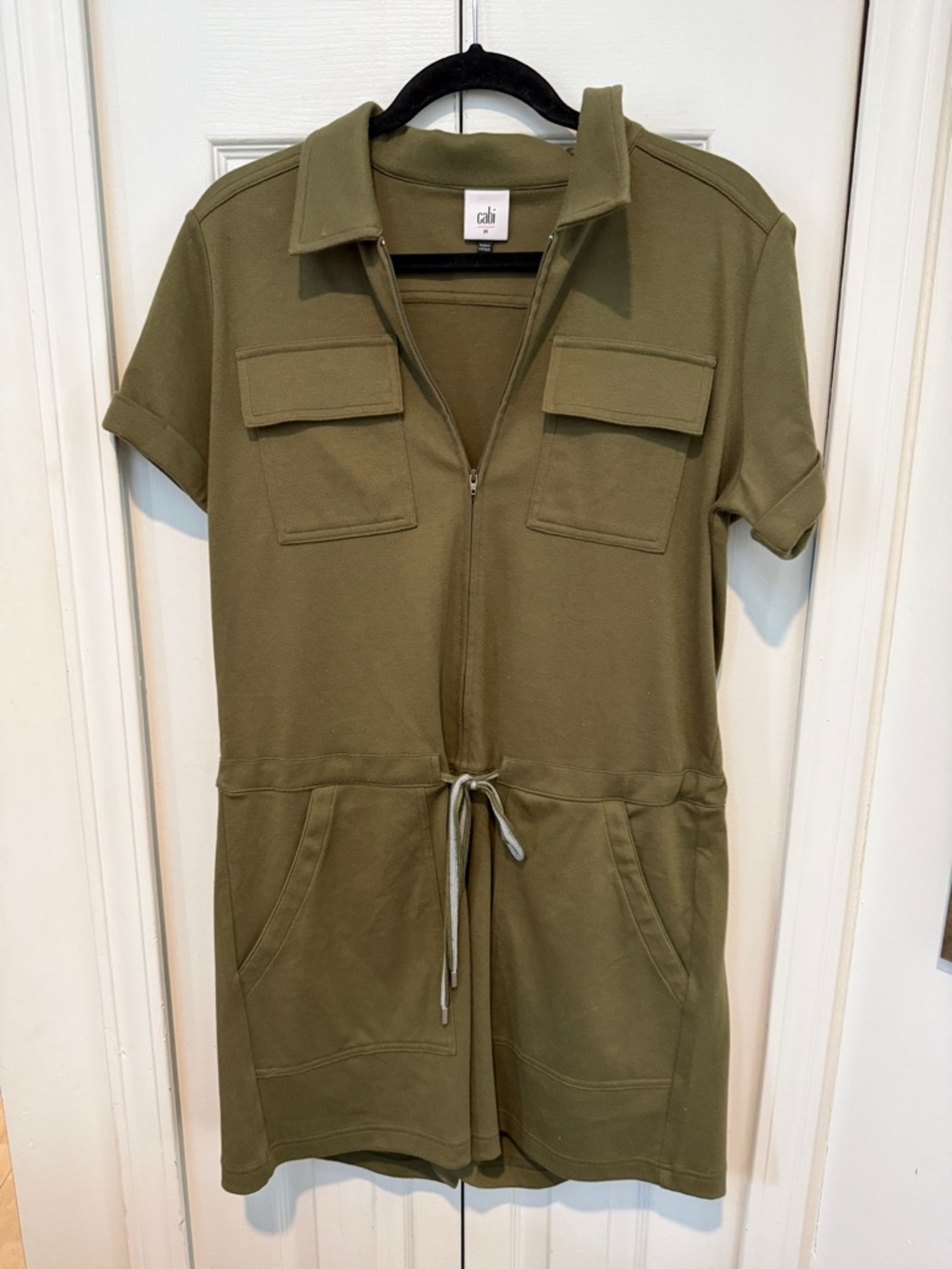 CAbi Olive Zip-Front Utility Romper